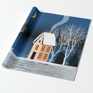 Winter night landscape. Cozy house, various trees, Wrapping Paper
