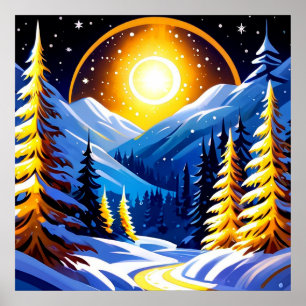 Winter Night Landscape With Snowy Mountains Poster
