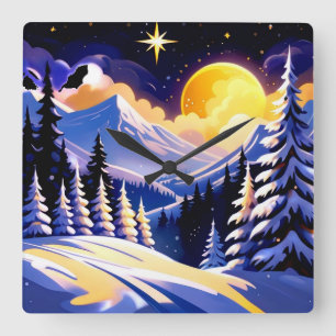 Winter Night Landscape With Snowy Mountains Square Wall Clock