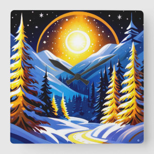Winter Night Landscape With Snowy Mountains Square Wall Clock