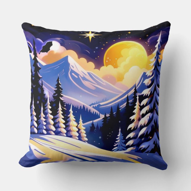 Winter Night Landscape With Snowy Mountains Throw Pillow (Front)