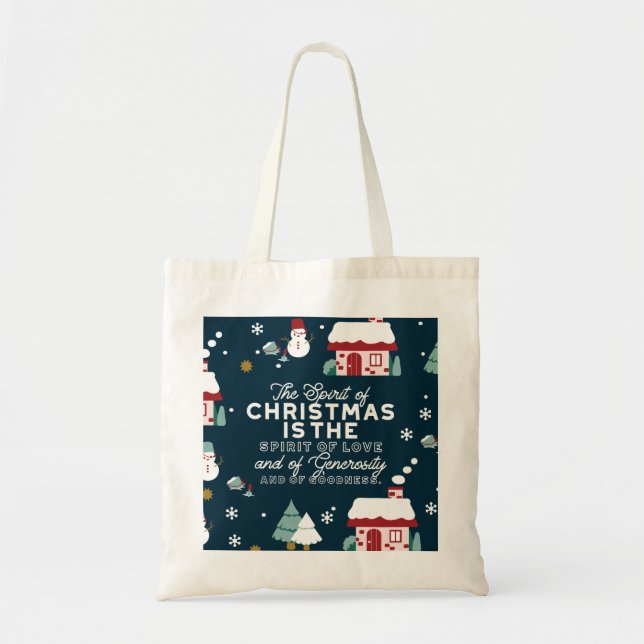 Winter Night Village Scene with Christmas Spirit Tote Bag (Front)