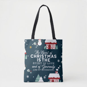 Winter Night Village Scene with Christmas Spirit Tote Bag