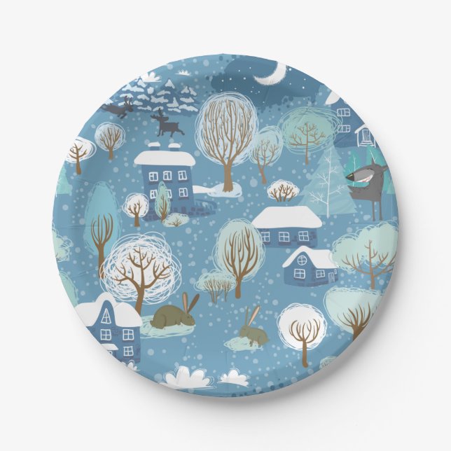 Winter night vintage village scene paper plate (Front)