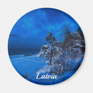 Winter night with snow covered pines in Latvia Magnet