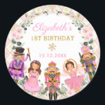 Winter Nutcracker Floral Birthday Party Baby Girl Classic Round Sticker<br><div class="desc">This adorable round sticker features magical characters from one of the most loved Christmas tales of all time, The Nutcracker. Use the text fields to personalize the tags with your own wording and details. Click the "customize further" button if you wish to re-arrange and format the style and placement of...</div>