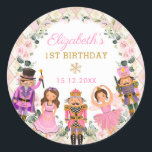 Winter Nutcracker Floral Birthday Party Baby Girl Classic Round Sticker<br><div class="desc">This adorable round sticker features magical characters from one of the most loved Christmas tales of all time, The Nutcracker. Use the text fields to personalize the tags with your own wording and details. Click the "customize further" button if you wish to re-arrange and format the style and placement of...</div>
