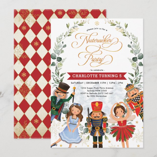 Winter Nutcracker Greenery Wreath Birthday Party Invitation (Front/Back)