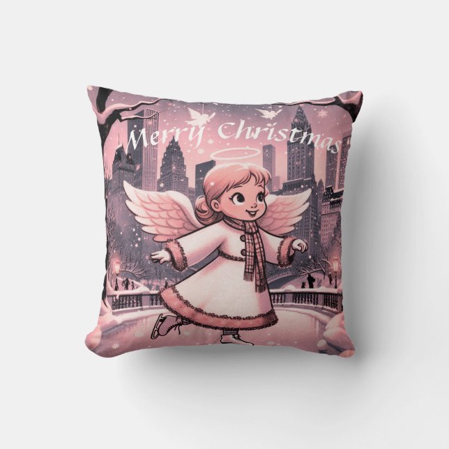 Winter NYC Angel Skating Throw Pillow (Front)