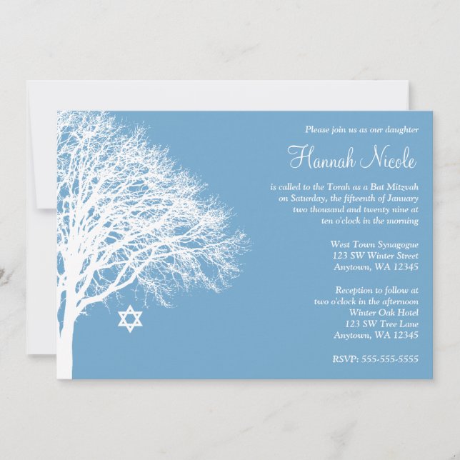 Winter Oak Tree Blue White Bat Mitzvah Invitations (Front)