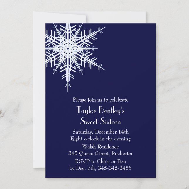 Winter Offset Snowflake 16th Birthday Invite blue (Front)