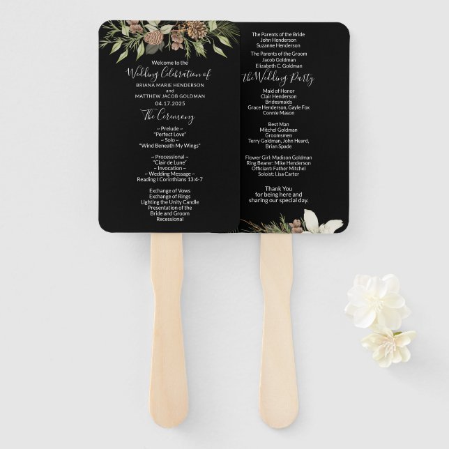 Winter on Black Elegant Script Wedding Program Hand Fan (Front and Back)