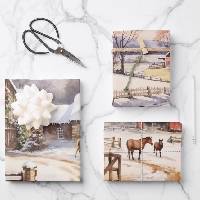 Winter On the Old Fashioned Farm Wrapping Paper Sheet (Front)