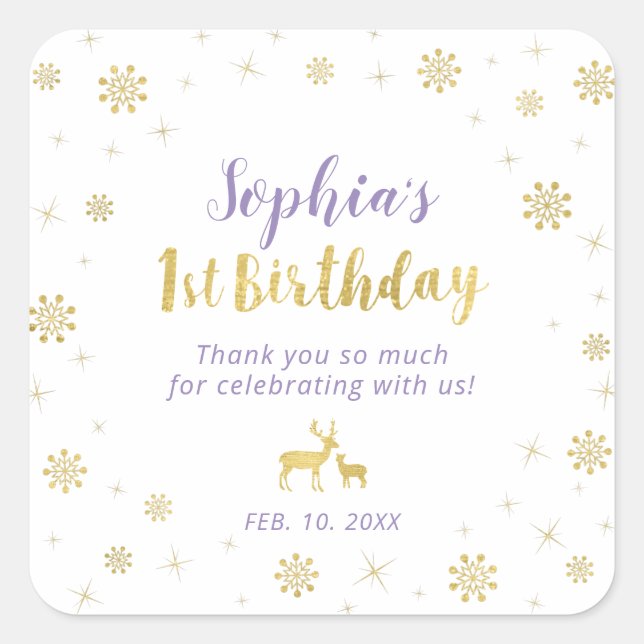 Winter onderland, Custom Gold, Purple 1st Birthday Square Sticker (Front)