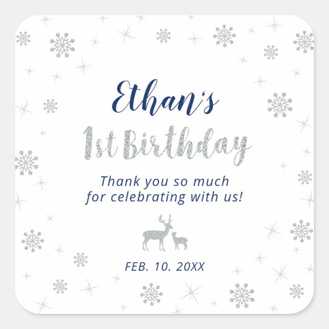 Winter onderland, Custom Silver Navy 1st Birthday Square Sticker (Front)