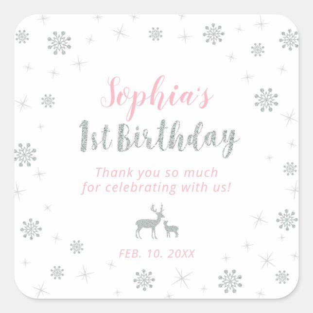 Winter onderland, Silver & Pink 1st Birthday Square Sticker (Front)