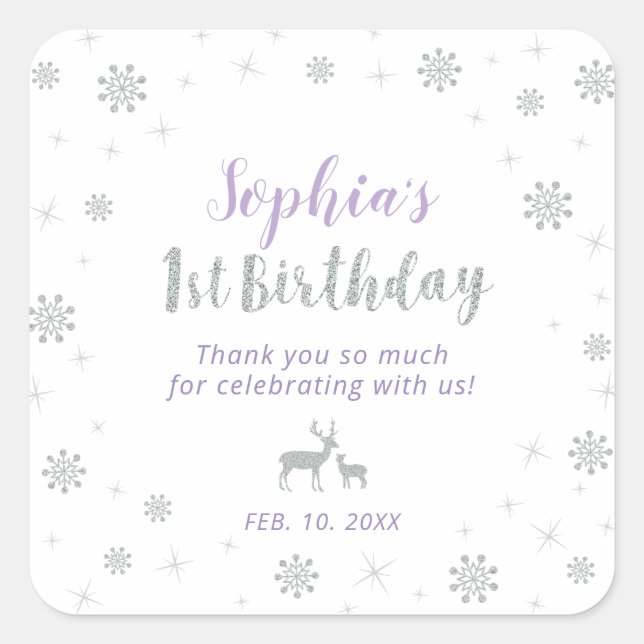 Winter onderland, Silver & Purple 1st Birthday Square Sticker (Front)