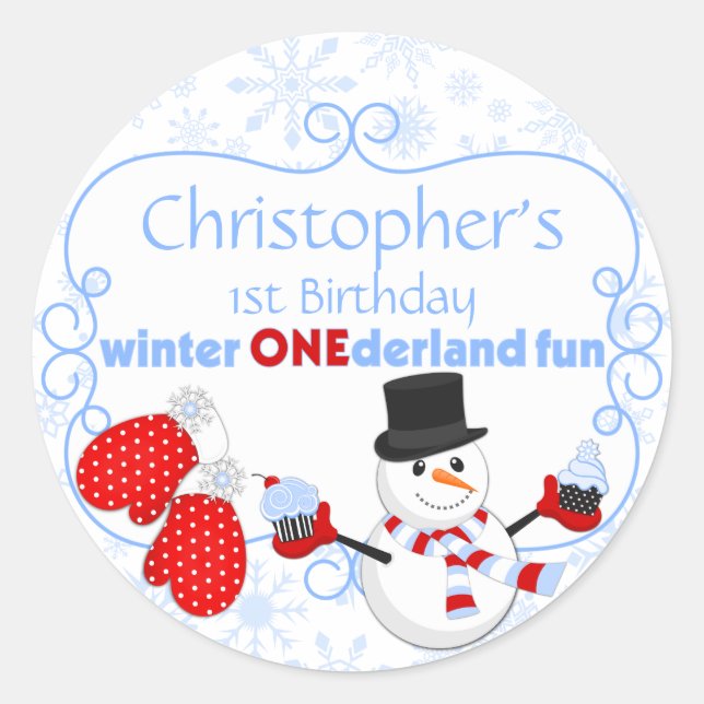 Winter One-derland First Birthday Snowman Mittens Classic Round Sticker (Front)