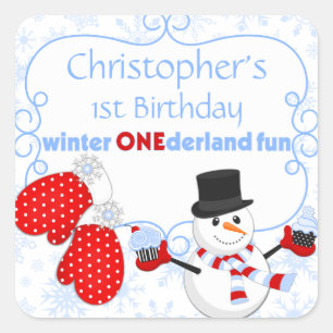 Winter One-derland First Birthday Snowman Mittens Square Sticker