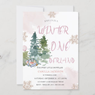 Winter ONE Derland Pink Girl 1st Birthday Invitation