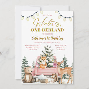Winter ONE-derland Pink Truck Animals 1st Birthday Invitation