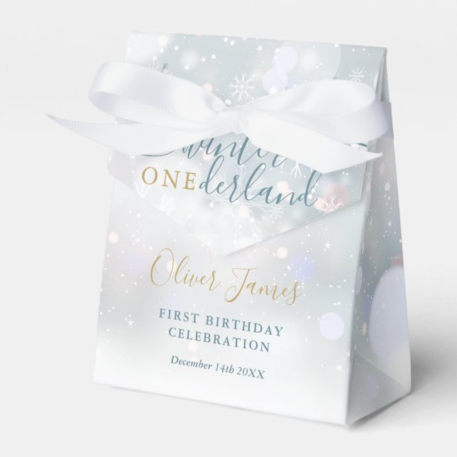 Winter Onederland 1st Birthday Blue And Gold Favor Box (Front Side)