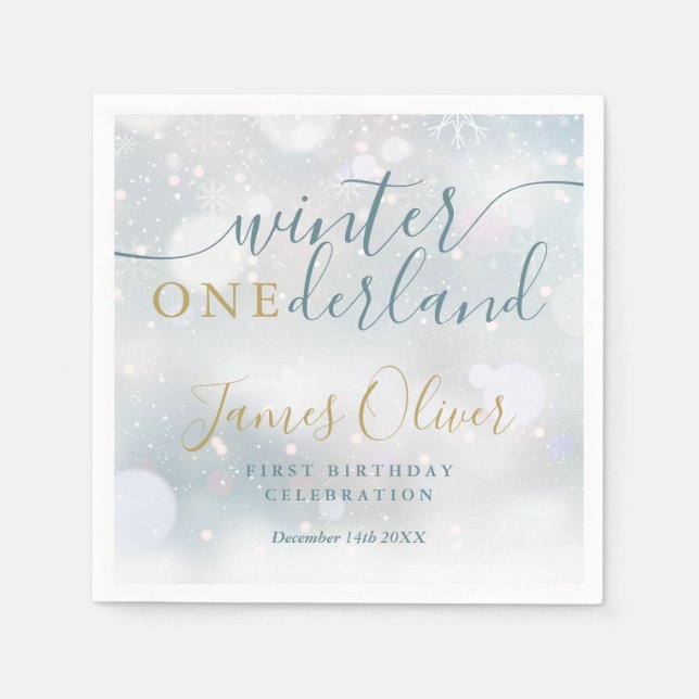 Winter Onederland 1st Birthday Blue And Gold Napkin (Front)