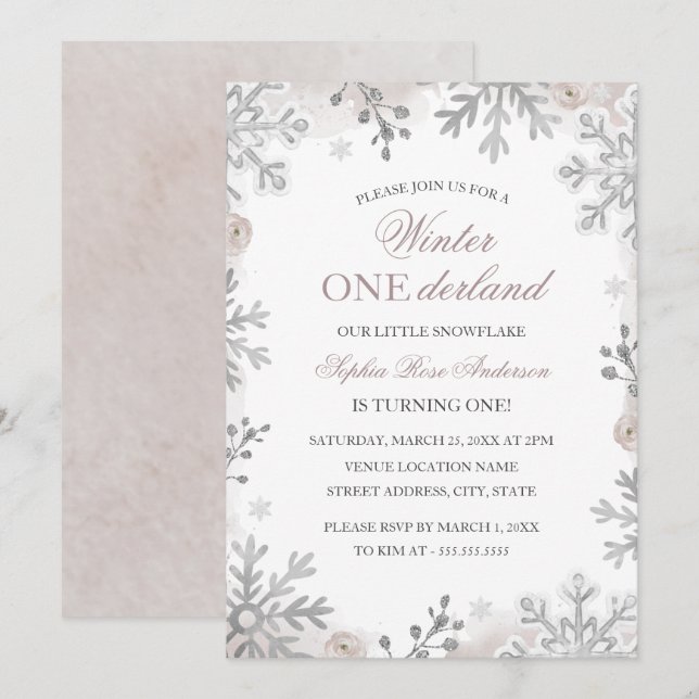Winter Onederland 1st Birthday Blush Snowflake  In Invitation (Front/Back)