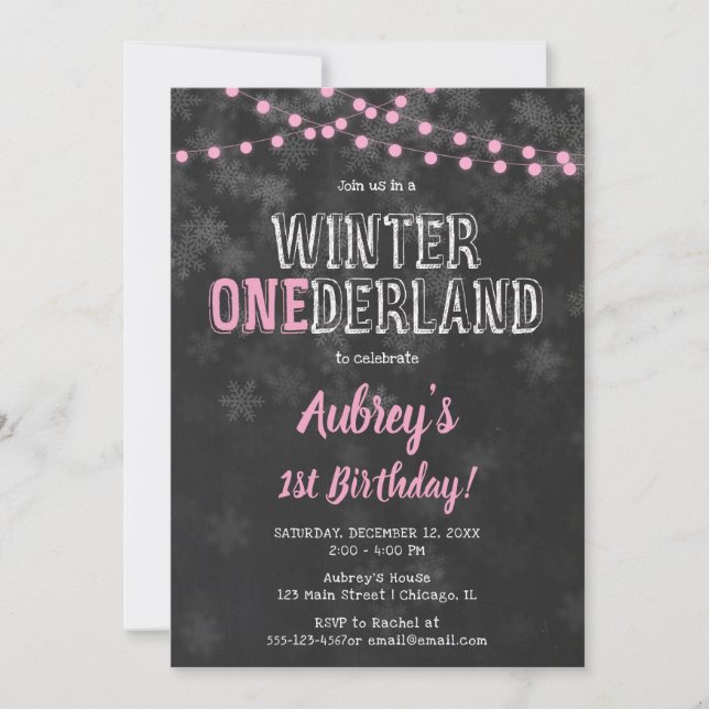 Winter Onederland 1st Birthday girl pink black Invitation (Front)