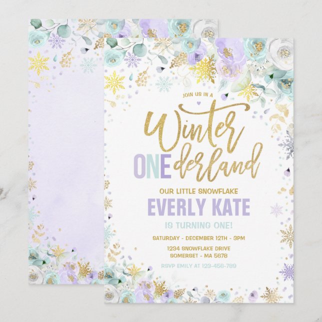 Winter ONEderland 1st Birthday Gold Lilac Mint Invitation (Front/Back)