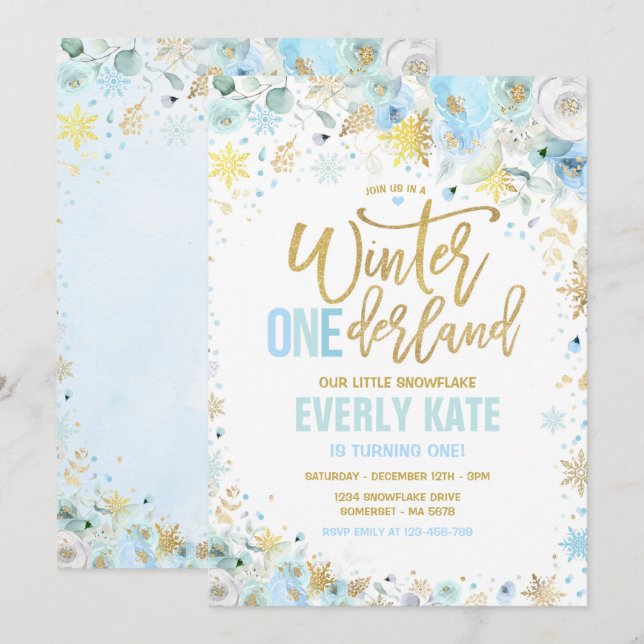 Winter ONEderland 1st Birthday Gold Mint Blue Invitation (Front/Back)