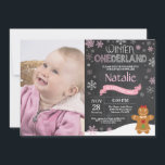 Winter Onederland 1st Birthday Invitation<br><div class="desc">Winter Onederland Snowman 1st Birthday Invitation with custom photo. Gingerbread man. Pink and White Snowflake. First Birthday. Girl 1st Bday Invite. Chalkboard Background. Black and White. For further customization,  please click the "Customize it" button and use our design tool to modify this template.</div>