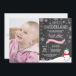 Winter Onederland 1st Birthday Invitation<br><div class="desc">Winter Onederland 1st Birthday Invitation with custom photo. Snowman. Pink and White Snowflake. First Birthday. Girl 1st Bday Invite. Chalkboard Background. Black and White. For further customization,  please click the "Customize it" button and use our design tool to modify this template.</div>
