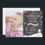 Winter Onederland 1st Birthday Invitation<br><div class="desc">Winter Onederland 1st Birthday Invitation with custom photo. Snowman. Pink and White Snowflake. First Birthday. Girl 1st Bday Invite. Chalkboard Background. Black and White. For further customization,  please click the "Customize it" button and use our design tool to modify this template.</div>