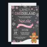 Winter Onederland 1st Birthday Invitation<br><div class="desc">Winter Onederland Snowman 1st Birthday Invitation. Gingerbread man. Pink and White Snowflake. First Birthday. Girl 1st Bday Invite. Chalkboard Background. Black and White. For further customization,  please click the "Customize it" button and use our design tool to modify this template.</div>