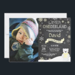 Winter Onederland 1st Birthday Invitation<br><div class="desc">Winter Onederland Polar Bear 1st Birthday Invitation with custom photo. Deer. Yellow and White Snowflake. First Birthday. Boy or Girl 1st Bday Invite. Chalkboard Background. Black and White. For further customization,  please click the "Customize it" button and use our design tool to modify this template.</div>