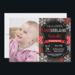 Winter Onederland 1st Birthday Invitation<br><div class="desc">Winter Onederland Boy or Girl 1st Birthday Invitation with custom photo. Red and White Snowflake. First Birthday. Boy or Girl 1st Bday Invite. Rustic Wood Chalkboard Background. Black and White. Red Ribbon. For further customization,  please click the "Customize it" button and use our design tool to modify this template.</div>