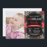 Winter Onederland 1st Birthday Invitation<br><div class="desc">Winter Onederland Boy or Girl 1st Birthday Invitation with custom photo. Red and White Snowflake. First Birthday. Boy or Girl 1st Bday Invite. Rustic Wood Chalkboard Background. Black and White. Red Ribbon. For further customization,  please click the "Customize it" button and use our design tool to modify this template.</div>
