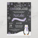 Winter Onederland 1st Birthday Invitation<br><div class="desc">Winter Onederland 1st Birthday Invitation. Penguin. Purple Lilac Lavender and White Snowflake. First Birthday. Girl 1st Bday Invite. Chalkboard Background. Black and White. For further customization,  please click the "Customize it" button and use our design tool to modify this template.</div>