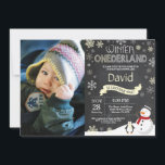 Winter Onederland 1st Birthday Invitation<br><div class="desc">Winter Onederland 1st Birthday Invitation with custom photo. Snowman and Penguin. Yellow and White Snowflake. First Birthday. Boy or Girl 1st Bday Invite. Chalkboard Background. Black and White. For further customization,  please click the "Customize it" button and use our design tool to modify this template.</div>