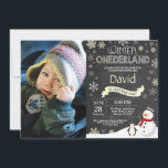 Winter Onederland 1st Birthday Invitation<br><div class="desc">Winter Onederland 1st Birthday Invitation with custom photo. Snowman and Penguin. Yellow and White Snowflake. First Birthday. Boy or Girl 1st Bday Invite. Chalkboard Background. Black and White. For further customization, please click the "Customize it" button and use our design tool to modify this template.</div>