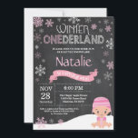 Winter Onederland 1st Birthday Invitation<br><div class="desc">Winter Onederland Polar Bear 1st Birthday Invitation. Baby Girl. Pink and White Snowflake. First Birthday. Girl 1st Bday Invite. Chalkboard Background. Black and White. For further customization,  please click the "Customize it" button and use our design tool to modify this template.</div>