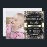 Winter Onederland 1st Birthday Invitation<br><div class="desc">Winter Onederland Boy or Girl 1st Birthday Invitation with custom photo. Yellow and White Snowflake. First Birthday. Boy or Girl 1st Bday Invite. Rustic Wood Chalkboard Background. Black and White. Yellow Ribbon. For further customization,  please click the "Customize it" button and use our design tool to modify this template.</div>