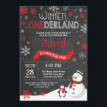 Winter Onederland 1st Birthday Invitation<br><div class="desc">Winter Onederland 1st Birthday Invitation. Snowman and Penguin. Red and White Snowflake. First Birthday. Boy or Girl 1st Bday Invite. Chalkboard Background. Black and White. For further customization,  please click the "Customize it" button and use our design tool to modify this template.</div>