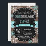 Winter Onederland 1st Birthday Invitation<br><div class="desc">Winter Onederland Boy 1st Birthday Invitation. Aqua Teal Turquoise and White Snowflake. First Birthday. Boy or Girl 1st Bday Invite. Rustic Wood Chalkboard Background. Black and White. Aqua Teal Turquoise Ribbon. For further customization,  please click the "Customize it" button and use our design tool to modify this template.</div>