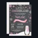 Winter Onederland 1st Birthday Invitation<br><div class="desc">Winter Onederland 1st Birthday Invitation. Penguin. Pink and White Snowflake. First Birthday. Girl 1st Bday Invite. Chalkboard Background. Black and White. For further customization,  please click the "Customize it" button and use our design tool to modify this template.</div>