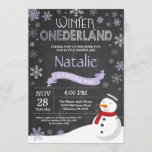 Winter Onederland 1st Birthday Invitation<br><div class="desc">Winter Onederland Snowman 1st Birthday Invitation. Baby Girl. Purple Lilac Lavender and White Snowflake. First Birthday. Girl 1st Bday Invite. Chalkboard Background. Black and White. For further customization,  please click the "Customize it" button and use our design tool to modify this template.</div>