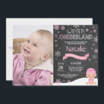 Winter Onederland 1st Birthday Invitation<br><div class="desc">Winter Onederland 1st Birthday Invitation with custom photo. Baby Girl. Pink and White Snowflake. First Birthday. Girl 1st Bday Invite. Chalkboard Background. Black and White. For further customization,  please click the "Customize it" button and use our design tool to modify this template.</div>