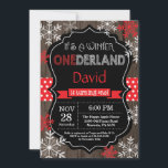 Winter Onederland 1st Birthday Invitation<br><div class="desc">Winter Onederland Boy 1st Birthday Invitation. Red and White Snowflake. First Birthday. Boy or Girl 1st Bday Invite. Rustic Wood Chalkboard Background. Black and White. Red Ribbon. For further customization,  please click the "Customize it" button and use our design tool to modify this template.</div>