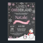 Winter Onederland 1st Birthday Invitation<br><div class="desc">Winter Onederland 1st Birthday Invitation. Snowman and Penguin. Pink and White Snowflake. First Birthday. Girl 1st Bday Invite. Chalkboard Background. Black and White. For further customization,  please click the "Customize it" button and use our design tool to modify this template.</div>